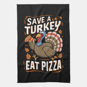 Red een kalkoen, eet pizza, grappig Thanksgiving-k Theedoek