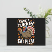 Red een kalkoen eet pizza grappige Thanksgiving ko Feestdagenkaart (Staand voorkant)