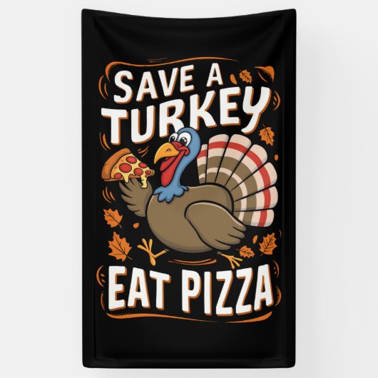 Red een kalkoen eet pizza grappige Thanksgiving ko Spandoek (Verticaal)