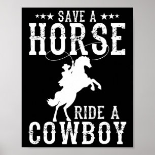 Red een paard dat een cowboy Funny Horse Riding Ma Poster