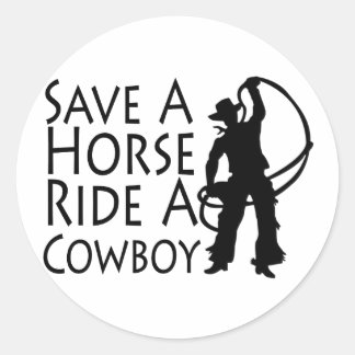 Red een paard met een cowboy 2 ronde sticker