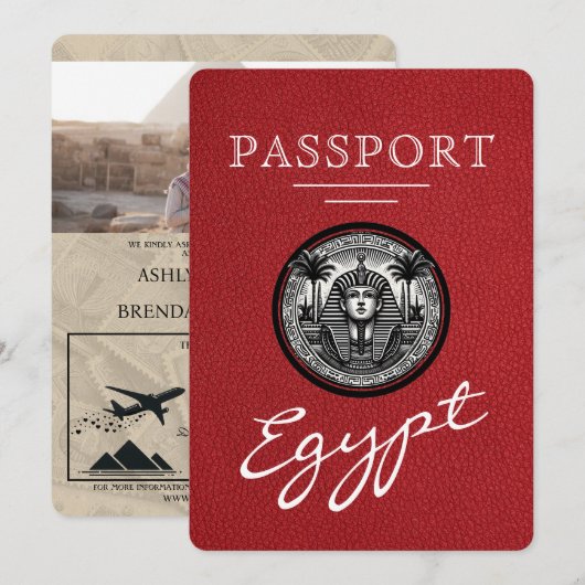 Red Egypt Passport Wedding Invitation Kaart (Voorkant / Achterkant)