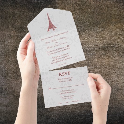 Red Eiffel Tower Damask All-in-One Weddenschap All In One Uitnodiging