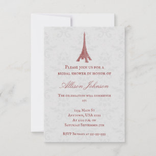 Red Eiffel Tower Damask Bridal Shower Invitation Kaart