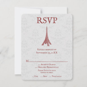 Red Eiffel Tower Damask Wedding RSVP-kaart RSVP Kaartje