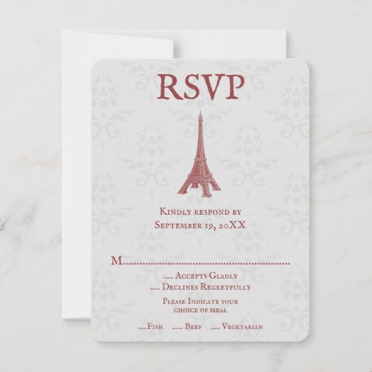 Red Eiffel Tower Damask Wedding RSVP-kaart RSVP Kaartje (Voorkant)