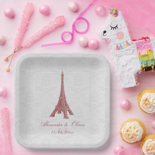 Red Eiffel Tower Damask Wedding Shower Papieren Bordje (Feest)