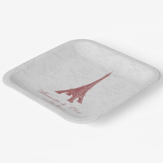 Red Eiffel Tower Damask Wedding Shower Papieren Bordje (Gebogen)