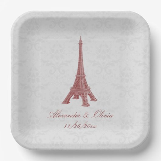 Red Eiffel Tower Damask Wedding Shower Papieren Bordje (Voorkant)