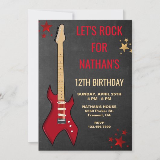 Red Electric Guitar Rockstar Birthday Party Invite Kaart (Voorkant)