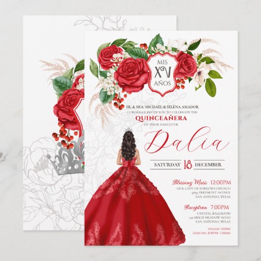 Red Elegance Bold Rozen Crest Formal Quinceañera Kaart (Voorkant / Achterkant)