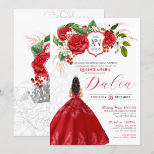 Red Elegance Bold Rozen Crest Formal Quinceañera Kaart