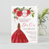Red Elegance Bold Rozen Crest Formal Quinceañera Kaart (Staand voorkant)