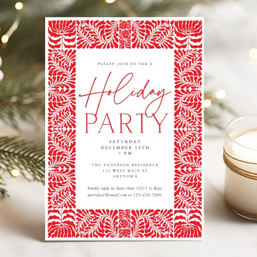 Red Elegant Arts & Crafts Style Holiday Party Kaart