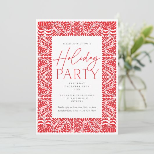 Red Elegant Arts & Crafts Style Holiday Party Kaart (Staand voorkant)