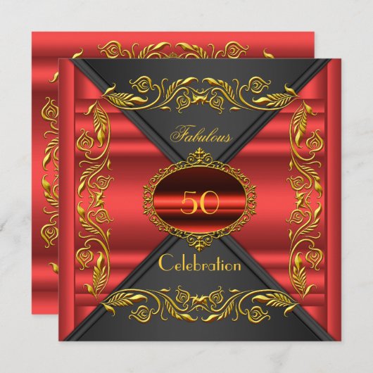 Red Elegant Black Gold Fabulous 50th Birthday Kaart (Voorkant / Achterkant)