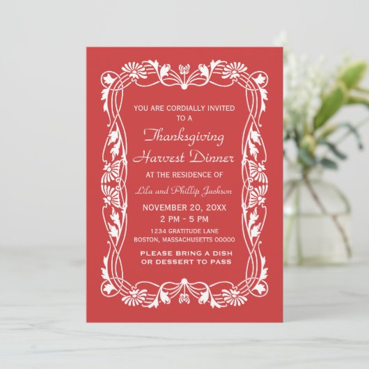 Red Elegant Border Thanksgiving Uitnodigen Kaart (Staand voorkant)