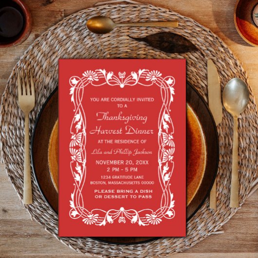 Red Elegant Border Thanksgiving Uitnodigen Kaart