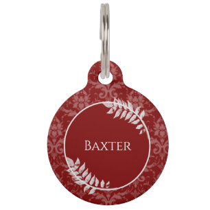 Red Elegant Damask Round Pet Tag Huisdierpenning