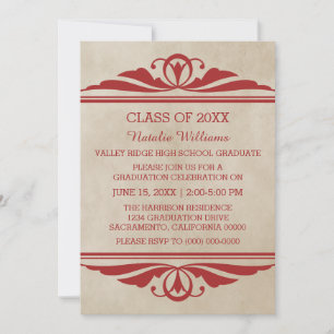 Red Elegant Deco Afstuderen Invite Kaart