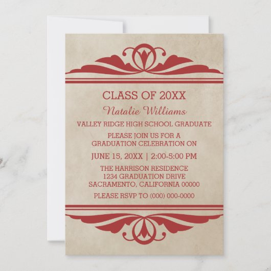Red Elegant Deco Afstuderen Invite Kaart (Voorkant)