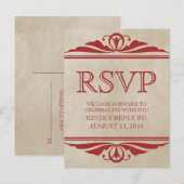 Red Elegant Deco RSVP Briefkaart (Voorkant / Achterkant)