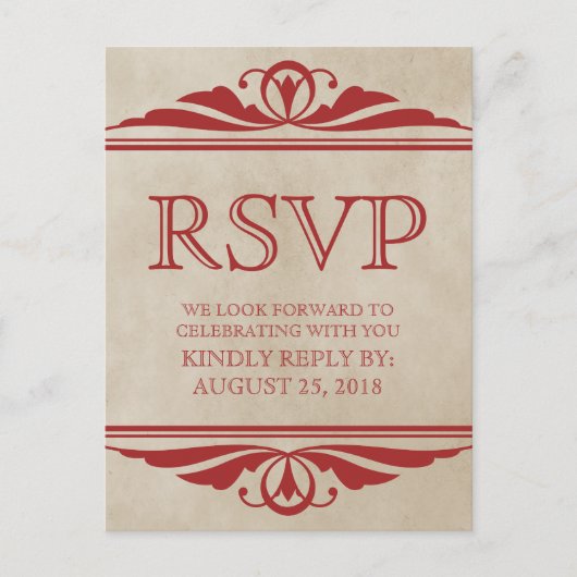 Red Elegant Deco RSVP Briefkaart (Voorkant)