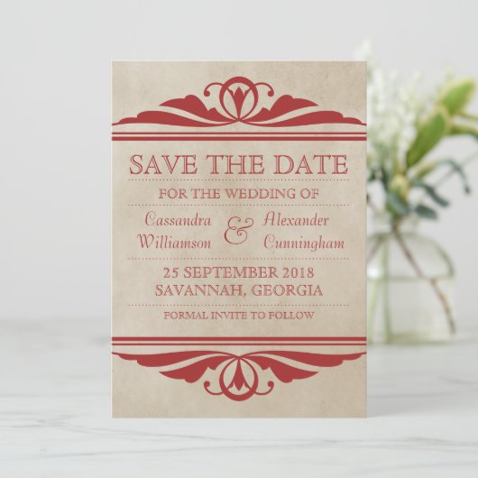 Red Elegant Deco sparen de Datum uitnodigen Save The Date (Staand voorkant)
