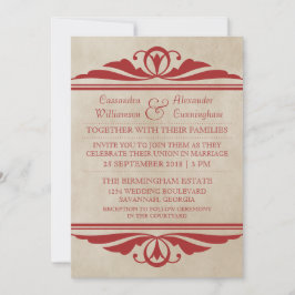 Red Elegant Deco Wedding Invite Kaart