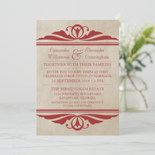 Red Elegant Deco Wedding Invite Kaart (Staand voorkant)