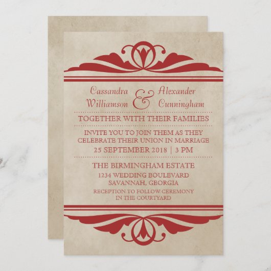 Red Elegant Deco Wedding Invite Kaart (Voorkant / Achterkant)