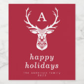 Red Elegant Deer Silhouette Monogram Wijn Etiket (Enkel label)
