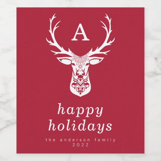 Red Elegant Deer Silhouette Monogram Wijn Etiket (Enkel label)