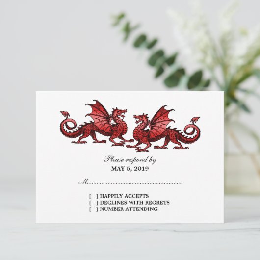 Red Elegant Dragons Wedding Response Kaart (Staand voorkant)