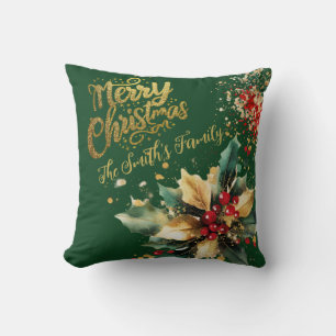 Red Elegant Family Gold Glitter Script Kerst Kussen