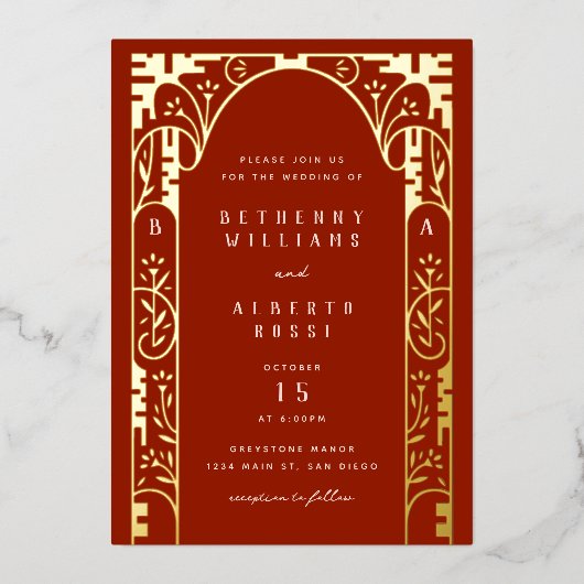 Red Elegant Folie Art Nouveau Arch Folie Uitnodigi Folie Uitnodiging (Voorkant)