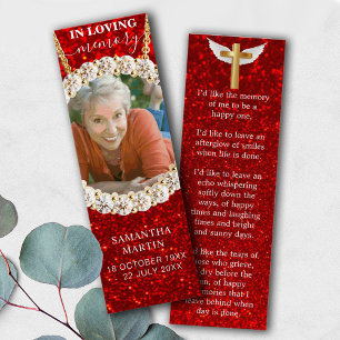 Red Elegant Glitter Memorial Poem Funeral Bladwijz Mini Visitekaartjes