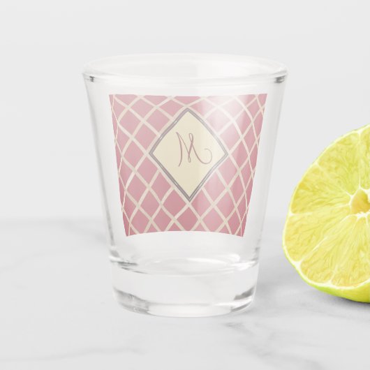Red Elegant Gold Diamond Pattern Monogram Shot Glas (Achterkant)