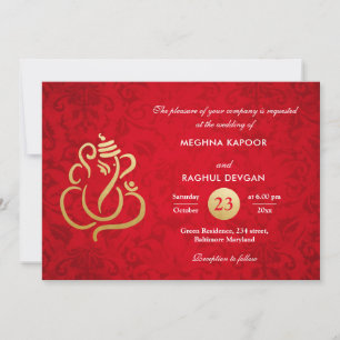 Red Elegant Gold Foil Ganesha Indian Damask  Kaart