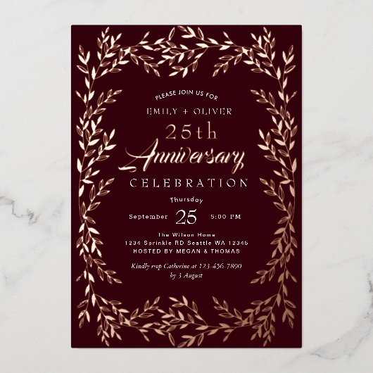 Red Elegant Gold Leaf Jubileum Folie Uitnodiging (Voorkant)