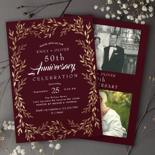 Red Elegant Gold Leaf Jubileum Foto Kaart