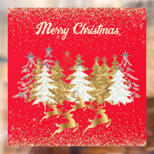Red Elegant Gold Silver Reindeers Christmas Trees Raamsticker (Vel 2)
