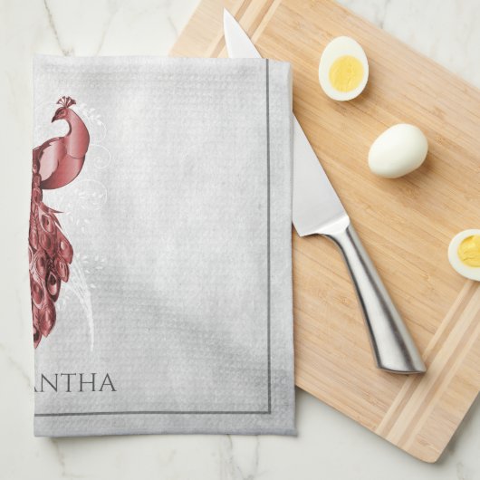 Red Elegant Peacock Kitchen Towel Theedoek (Quarter Fold)