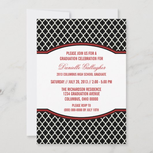 Red Elegant Quatrefoil Afstuderen Invitation Kaart (Voorkant)