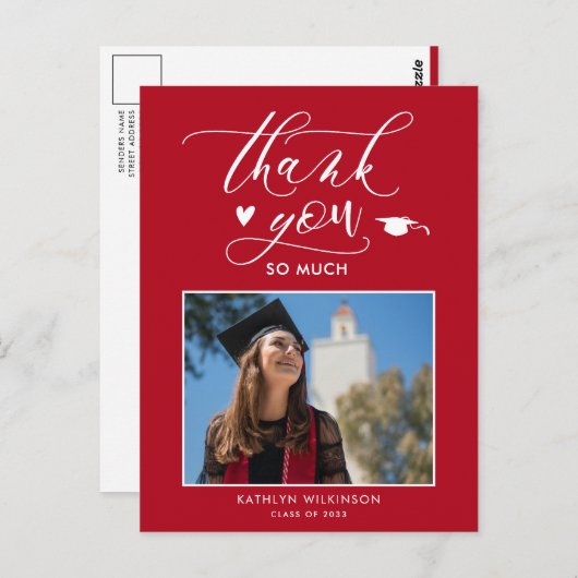 Red Elegant Script Chic Photo Afstuderen Hartelijk Briefkaart (Voorkant / Achterkant)