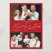 Red Elegant Script Merry Christmas Family 3 Photo Feestdagenkaart (Voorkant)