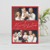 Red Elegant Script Merry Christmas Family 3 Photo Feestdagenkaart (Staand voorkant)