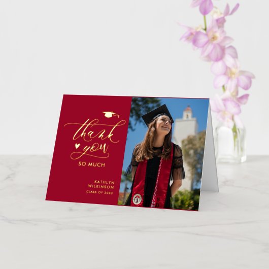 Red Elegant Script Minimalist Afstuderen Dank u Folie Wenskaart (Orchidee)