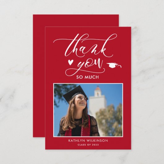 Red Elegant Script Minimalist Photo Afstuderen Bedankkaart (Voorkant / Achterkant)