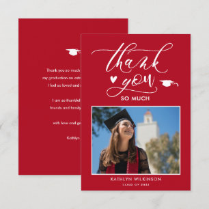 Red Elegant Script Minimalist Photo Afstuderen Bedankkaart